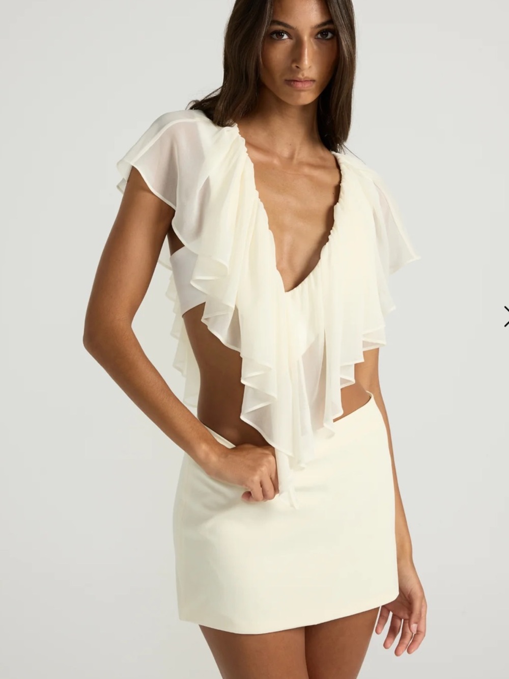 Ance Gria Ivory Ruffle Deep V Crop Top and Mini Skirt Set - Picture 2 of 4